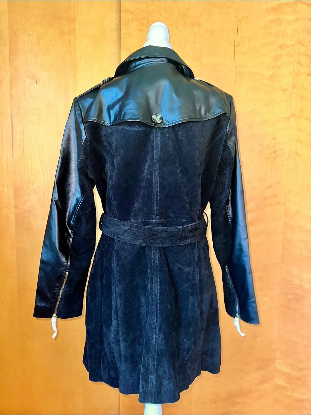 Women's Black Suede & Leather Trench Coat